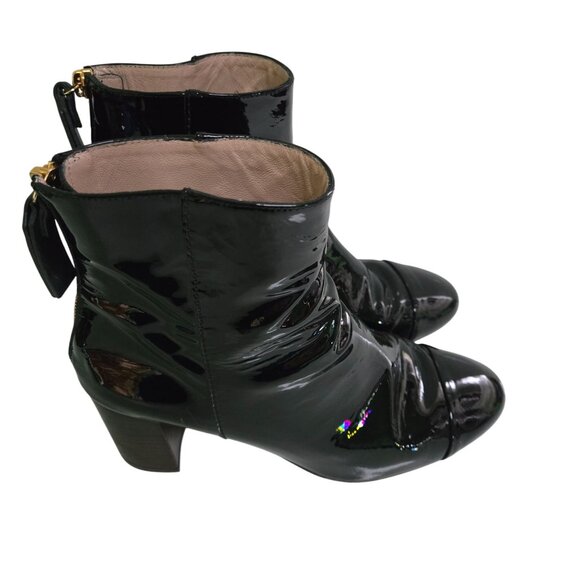 Stuart Weitzman Black Patent Leather Cap Toe Back Zip Heeled Boots Size 8M - Picture 2 of 9